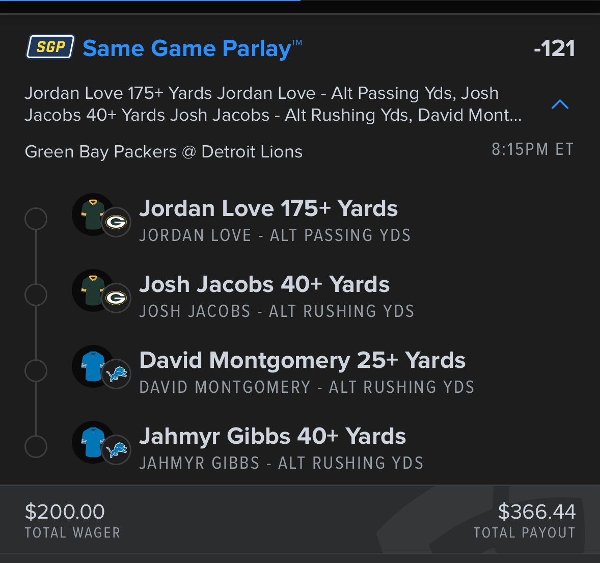 OTBplays's tweet photo. 🏈 TNF PLAY 🏈
(-121)
J. Love 175+ Passing
J. Jacob’s 40+ Rushing
D. Montgomery 25+ Rushing
J. Gibbs 40+ Rushing 

⭐️Lotto +1537     $50 - $768 👇 https://t.co/mP3ZHMFMlA