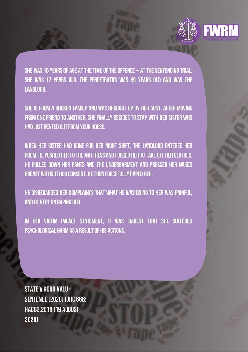 FWRM1's tweet photo. #16DaysAgainstGBV - We are sharing real cases of victims/survivors of rape. Trigger Warning: Contains details of sexual violence. Follow our Facebook page
@fwrm1 for more.  

#EndingImpunity #StopRapeNow #16daysFiji #rememberherstory #SafeFiji4allSource: https://t.co/84Nqt6cGri https://t.co/fnZUh0Sgsw