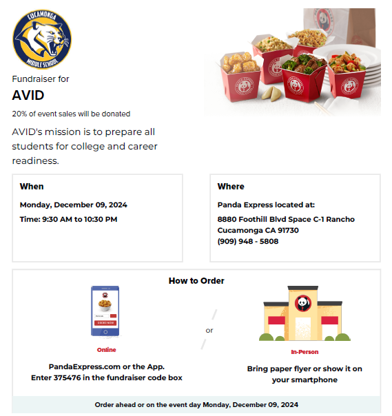 Join us for our CMS family night on Monday, December 9th at Panda Express to support our AVID program!