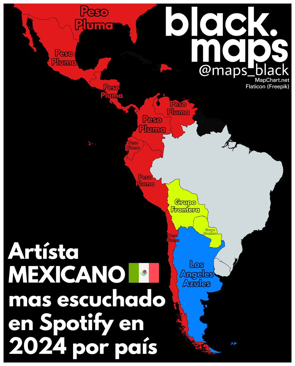 maps_black's tweet photo. Artísta MEXICANO 🇲🇽 más escuchado en cada país en Spotify en 2024 https://t.co/v6hZnvQGfd
