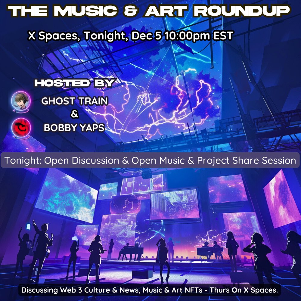 Ghost Train (@ghosttrainnfts) on Twitter photo Not in Miami for Basel?
💥Pop by The Music & Art Roundup Space Tonight
<a href="/BobbyYapsMusic/">Bobby Yaps || Musician, Composer, Educator</a> and I are having a chill session, catching up on Web 3 news
+ Our usual open discussion & Art/Music NFT project share
Unrecorded, as always.
🕑 10 pm EST
Set a reminder in the comments 👇 Not in Miami for Basel?
💥Pop by The Music & Art Roundup Space Tonight
<a href="/BobbyYapsMusic/">Bobby Yaps || Musician, Composer, Educator</a> and I are having a chill session, catching up on Web 3 news
+ Our usual open discussion & Art/Music NFT project share
Unrecorded, as always.
🕑 10 pm EST
Set a reminder in the comments 👇