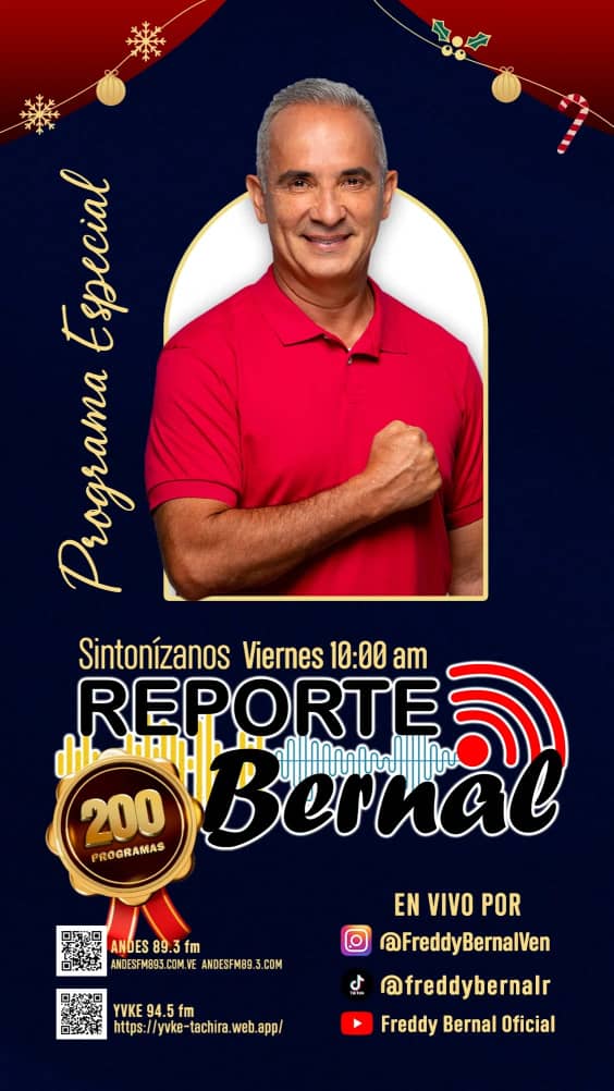 #Mañana #Viernes #06Dic no te puedes perder a partir de las 10:00 am a sintonizar #ReporteBernal en su programa especial N° 200 transmitido por <a href="/YVKE_Mundial/">YVKE Mundial</a> tachira94.5 FM y <a href="/andesfm893/">ANDES 89.3Fm</a> 📻, totalmente #EnVivo 
 #AmemosAlTáchira💛🖤❤️