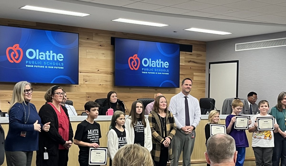 Celebrating our outstanding Math Wings championships at tonight’s <a href="/olatheschools/">Olathe Public Schools</a> Board meeting. Congrats on your super math skills!