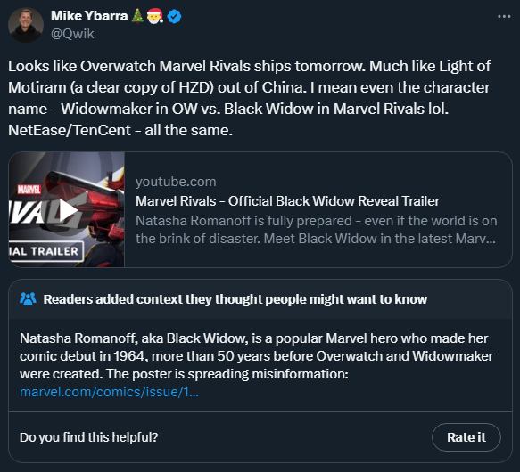 gwrldmedia's tweet photo. 🚨 Former Blizzard President Mike Ybarra calls Marvel Rivals "An Overwatch Clone" in a now Community Noted and Deleted tweet. https://t.co/vLBrhGwnjt