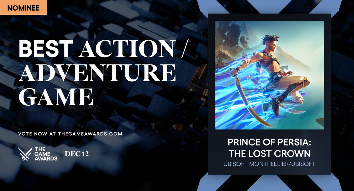 <a href="/princeofpersia/">Prince of Persia™</a> <a href="/Ubisoft/">Ubisoft</a> Congrats again on your Best Action/Adventure Game nomination! #TheGameAwards

Only 1 week left to vote, so vote now! bit.ly/tgavote
