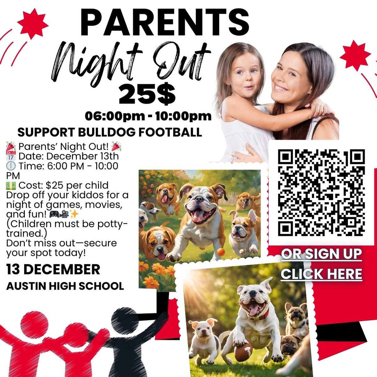 AHSDawgFootball's tweet photo. Parents Night Out Fundraiser
13 December 2024
6:00pm -10:00pm 
25$ Per Kid ( Potty Trained Only )  
Sign Up Link
https://t.co/wxcrv4qaEo
@AHSAthleticBC @AHSBulldogs @SFAHS_Bulldogs https://t.co/oD6Wc4JhYO