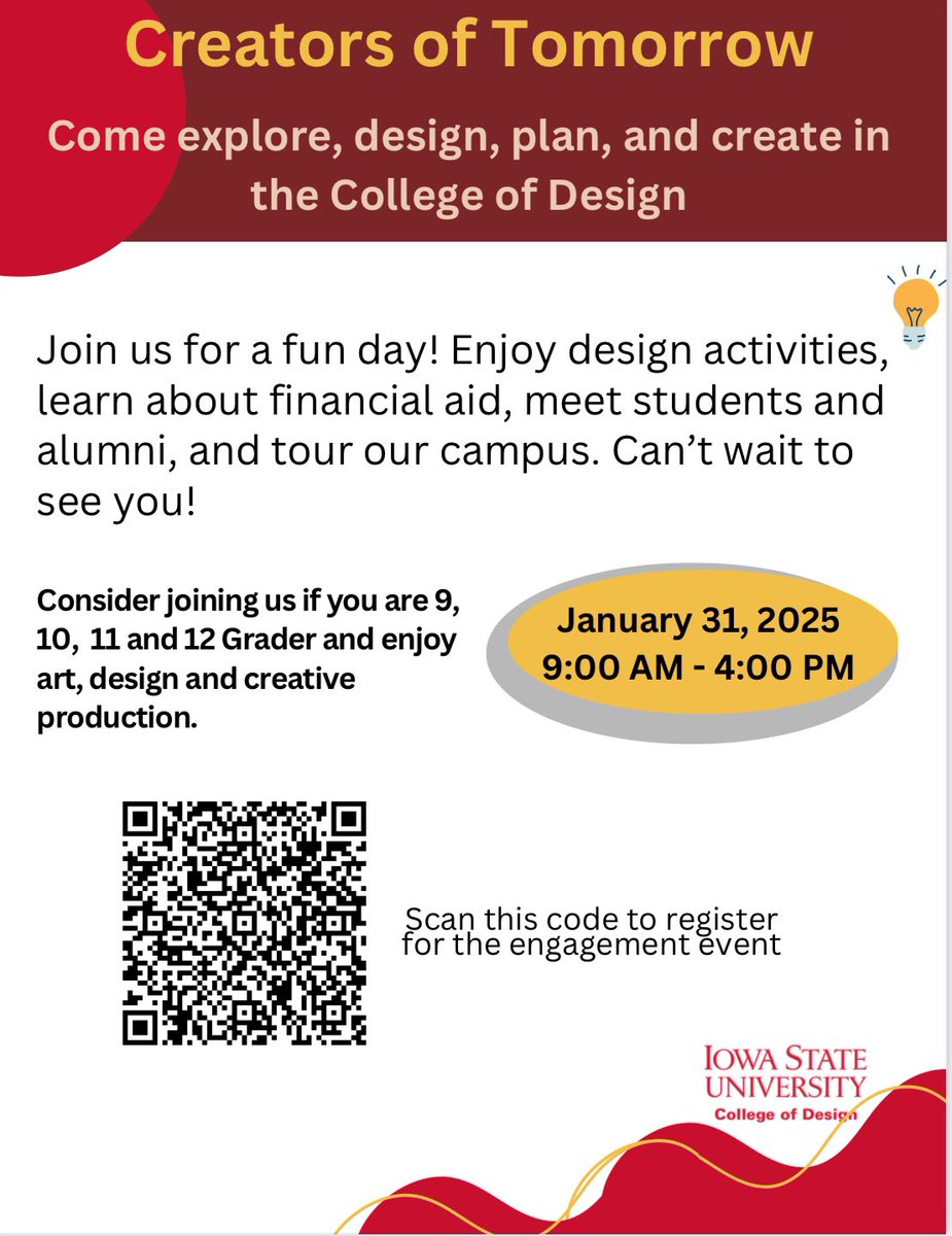 📣Students interested in a career in the fields of Art, design, and creative production 📣

ISU is hosting a fun day full of activities to learn about their program.