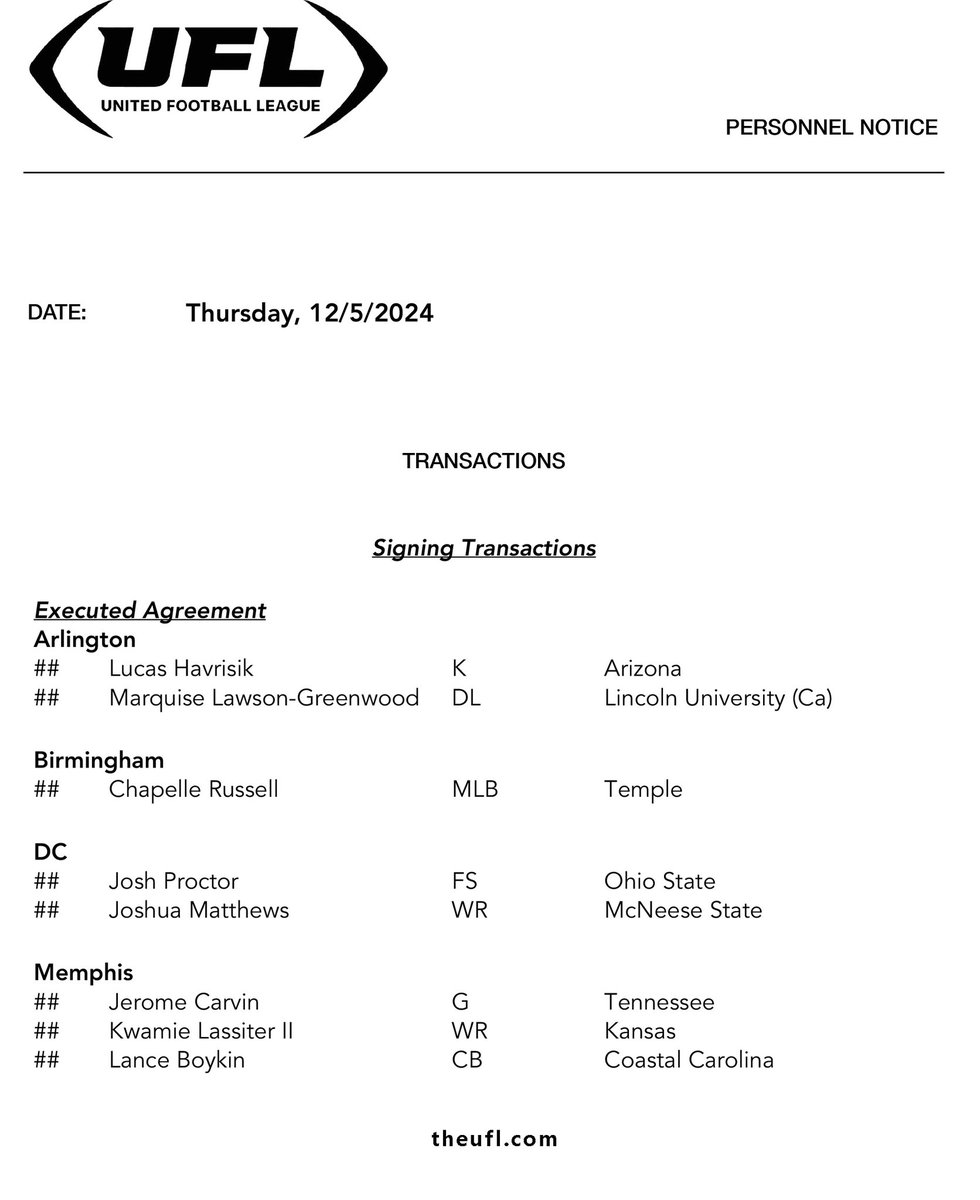 UFL_PR's tweet photo. The #UFL has announced the following transactions https://t.co/zhembnpAhi