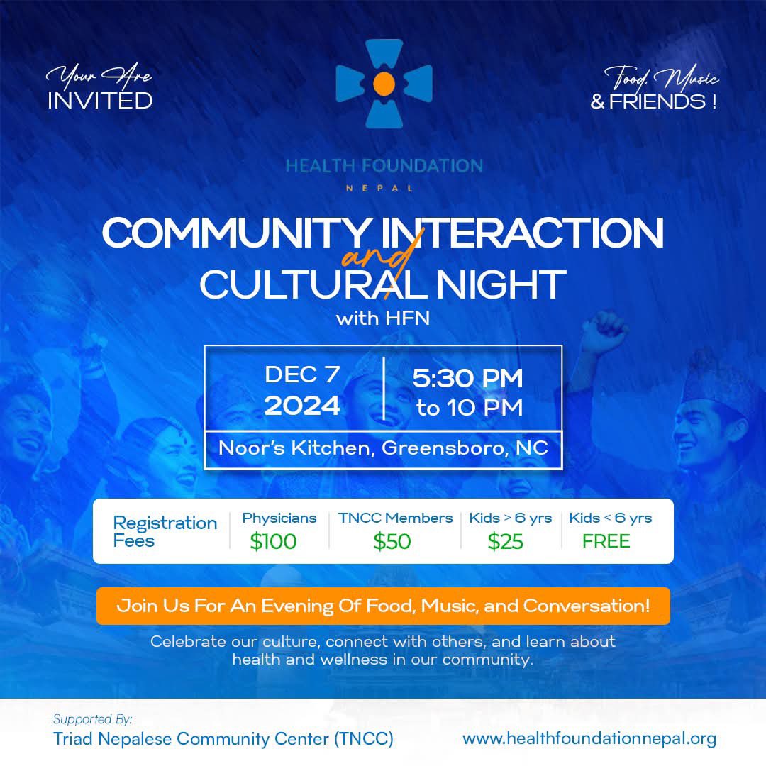 HFNepal's tweet photo. Dear friends and families in North Carolina, let us meet to support Health Foundation Nepal’s initiatives this weekend. #HFNAGM2024, #HFN4HEALTH, #HFNGREENSBORO https://t.co/eVcjl42iTv