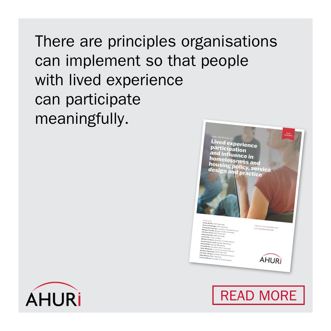 AHURI (@ahuri_research) on Twitter photo New #AHURIresearch examines the evidence for, and experiences of, people with lived experience participating in and influencing housing and homelessness policy, service design and practice.
Read more here: ow.ly/Wsii50UksnA
#homelessness #housingpolicy #livedexperience New #AHURIresearch examines the evidence for, and experiences of, people with lived experience participating in and influencing housing and homelessness policy, service design and practice.
Read more here: ow.ly/Wsii50UksnA
#homelessness #housingpolicy #livedexperience