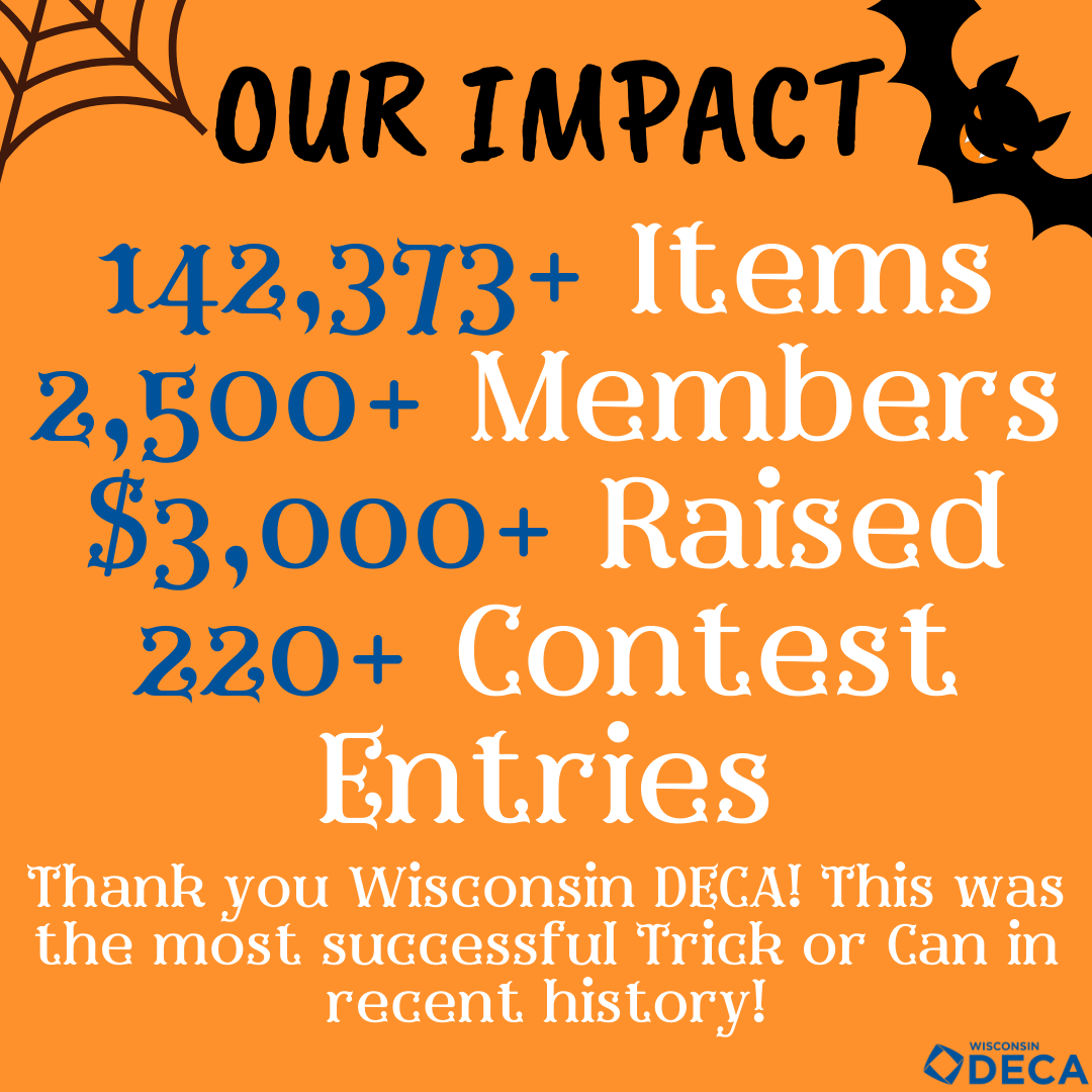 WI_DECA's tweet photo. Wisconsin DECA, help us in celebrating the MOST SUCCESSFUL TRICK OR CAN IN RECENT HISTORY! Your dedication to your communities was unmatched this year, and you should all be so proud of your impact. Happy Trick or Can 2024! #wideca #trickorcan #servicerocks https://t.co/SbdWUGLAGO