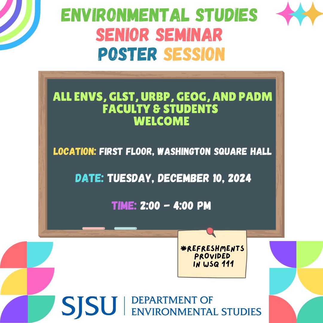 🌍 Join us for the Environmental Studies Senior Seminar Poster Session!

📍 First Floor, Washington Square Hall
📅 Tuesday, December 10, 2024
⏰ 2:00 - 4:00 PM
🍪 Refreshments provided in WSQ 111

Come celebrate environmental research and innovation! 🌱
