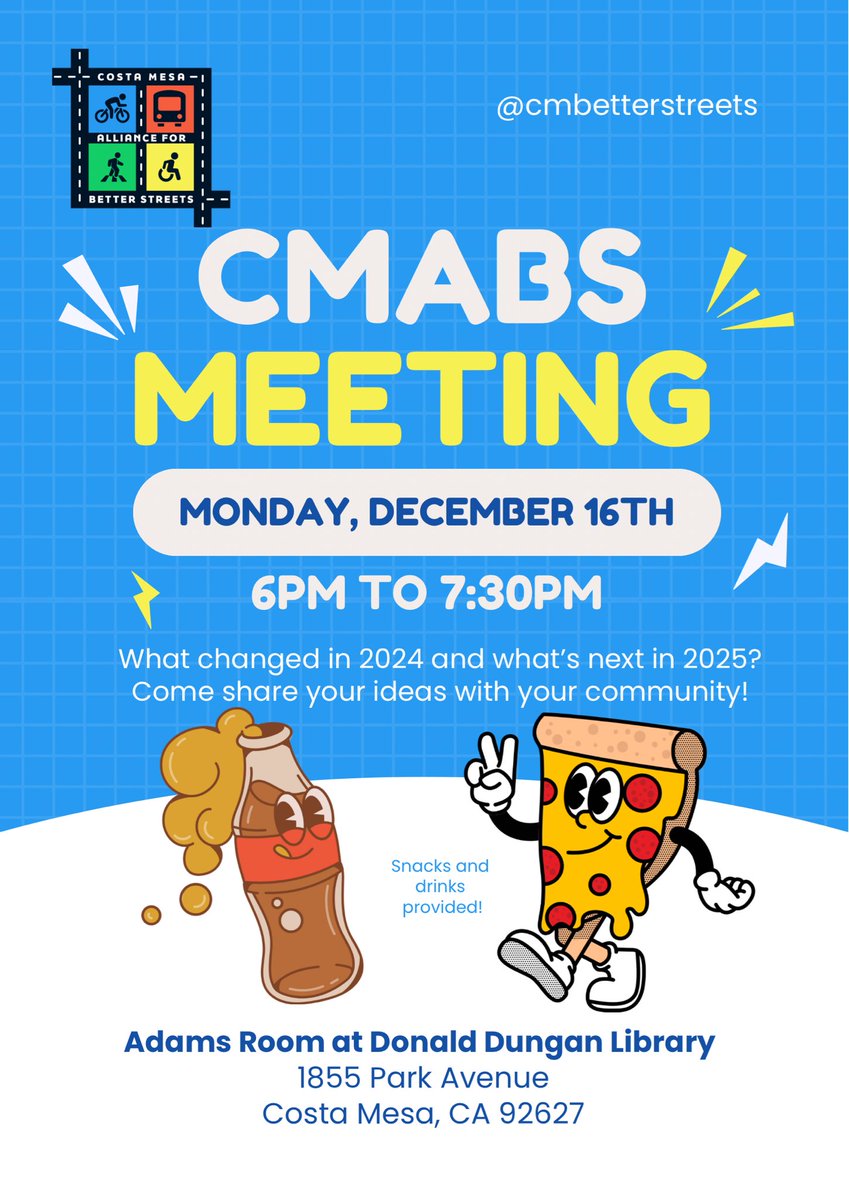 CMBetterStreets's tweet photo. How was 2024 for safe and pleasant streets in Costa Mesa? What might 2025 look like? Come get together with our community and talk better streets! https://t.co/UEzNMOx4dM