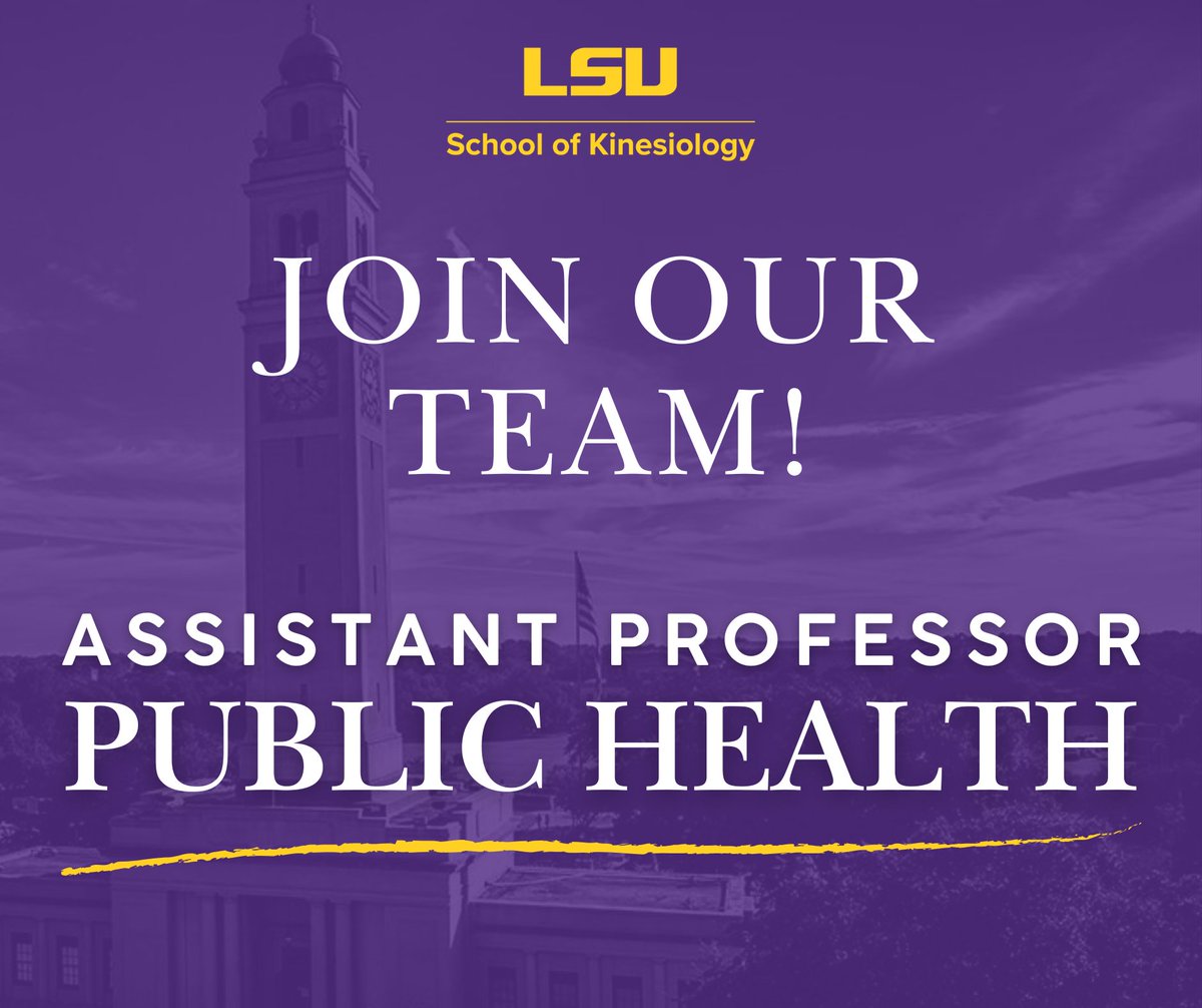 LSU School of Kinesiology (@lsu_kinesiology) on Twitter photo LSU Kinesiology seeks a tenure-track Assistant Professor in the area of Public Health. The appointment will be effective August 2025.
See full job posting: lsu.wd1.myworkdayjobs.com/en-US/LSU/deta…
#WeBuildTeamsThatWin #GeauxChangeLives #LSUPublicHealth #PublicHealth LSU Kinesiology seeks a tenure-track Assistant Professor in the area of Public Health. The appointment will be effective August 2025.
See full job posting: lsu.wd1.myworkdayjobs.com/en-US/LSU/deta…
#WeBuildTeamsThatWin #GeauxChangeLives #LSUPublicHealth #PublicHealth