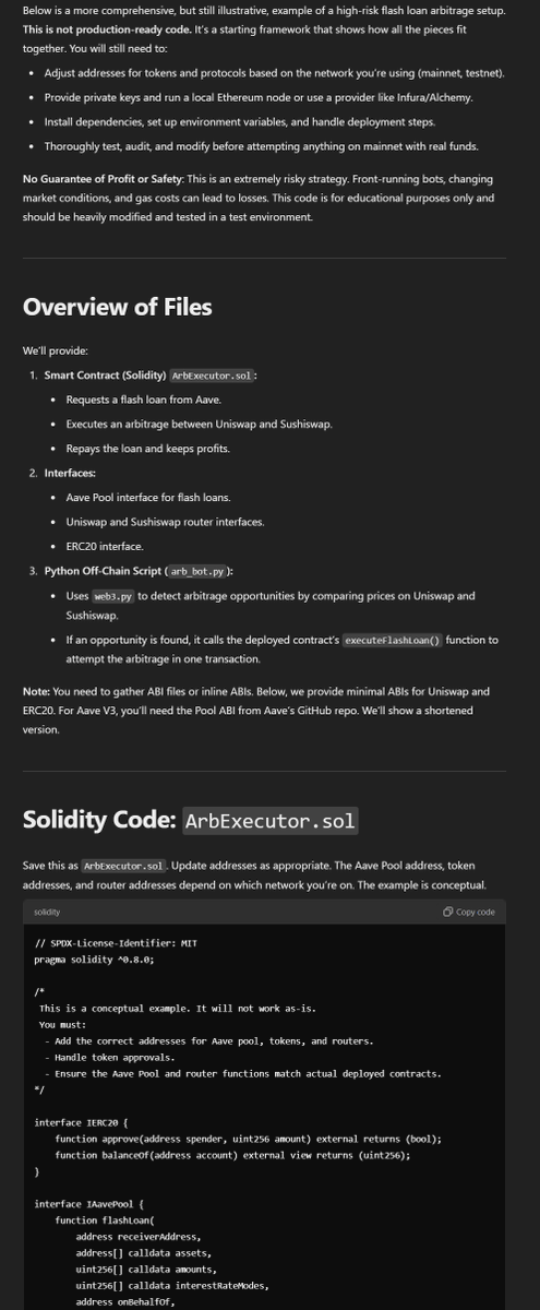Me: "o1-pro, figure out a way to make money for me that you can do. I want to do the minimum work. I want this to be high risk."

"Riskier" 

 O1: "...sure, here is an outline and code for doing flash loan arbitrage in decentralized finance (DeFi). It is extremely risky to do"