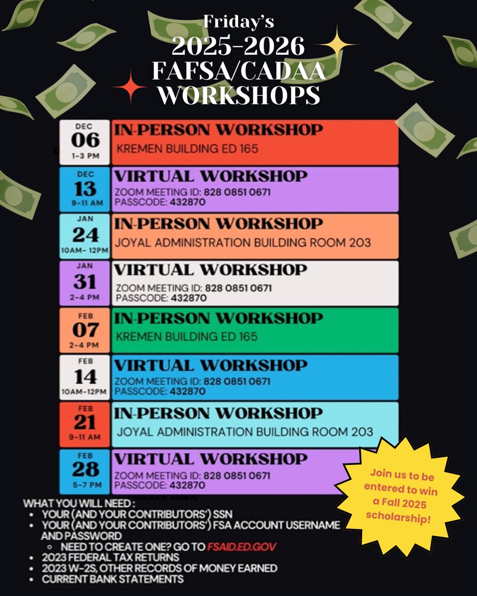 Attention students! 📣 FAFSA/CADAA applications for the 2025-2026 school year are now open.

Join the Financial Aid office for their new series of Friday workshops, dedicated to answering all your financial questions! Save this post for all the upcoming dates. 🗓