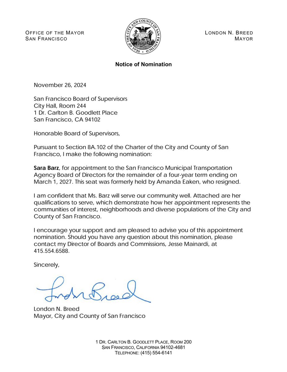 I’m deeply honored to be nominated by  <a href="/LondonBreed/">London Breed</a> to the SFMTA Board of Directors. I look forward to ensuring that Muni is fully funded, building trust with all San Franciscans and addressing our street safety crisis.