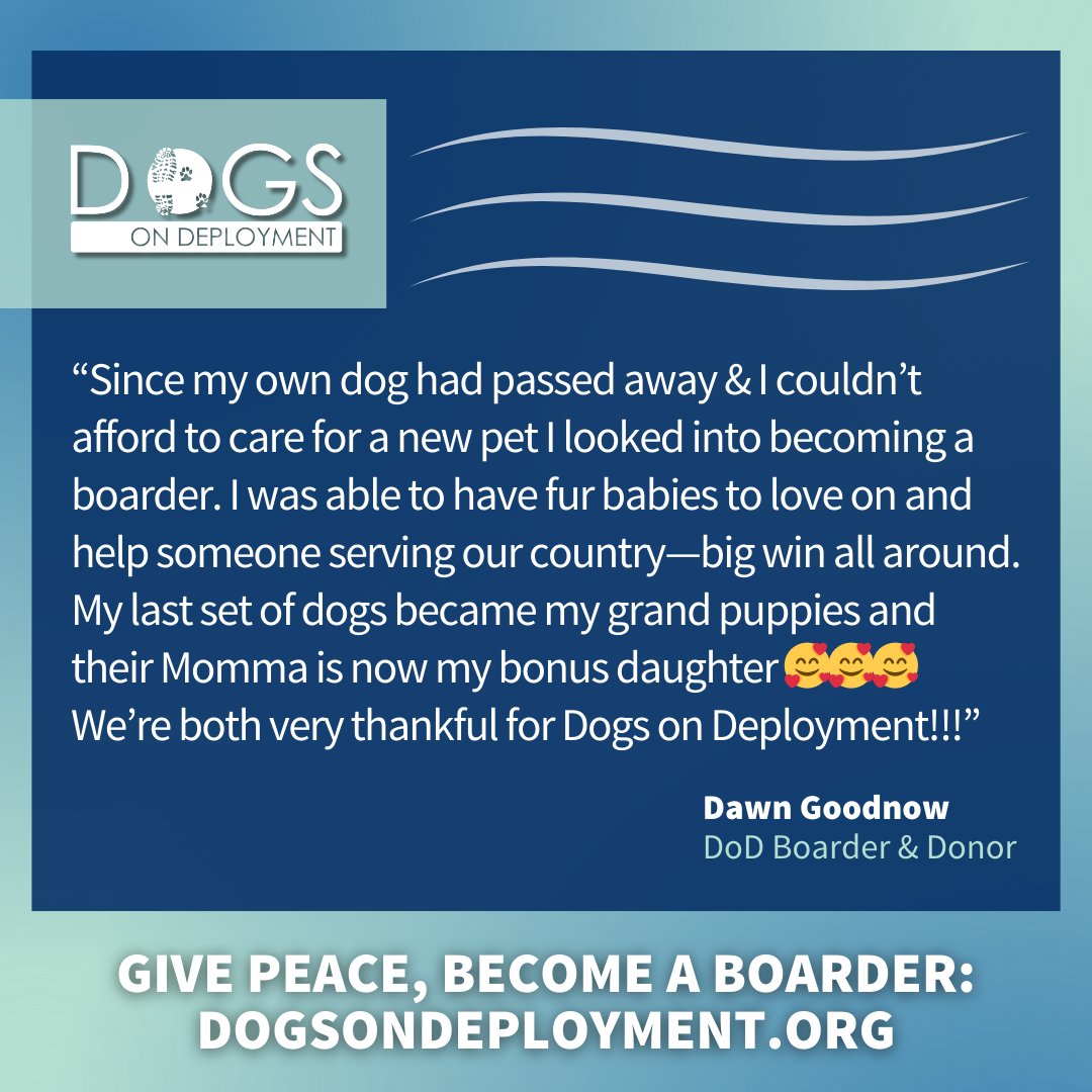 DogsonDeploymnt's tweet photo. When you become a Dogs on Deployment boarder, you’re not just giving peace of mind to service members—you’re gaining furry friends and creating lifelong connections. 🥰
#DogsOnDeployment #GivePeace #HeroPetBoardingNetwork #DoDBoarder https://t.co/nBTcuVmrEd