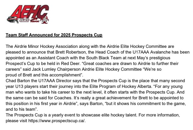 Airdrie Minor Hockey along with AEHC would like to send a big congratulations to our U17AAA Airdrie Avalanche Head Coach Brett Robertson on being named as an Assistant Coach for South Black Team for the 2025 Prospect's Cup! prospectscup.ca
#AEHC#AMHA#2025ProspectsCup