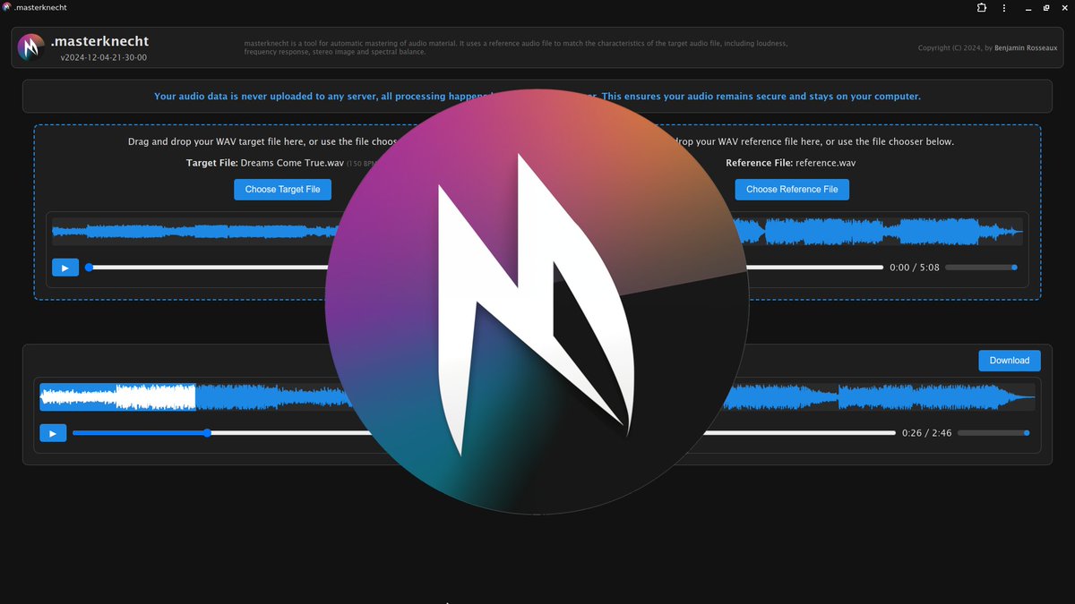 coder's tweet image. Good news! I've launched .masterknecht, a new browser-based PWA tool for mastering audio using WebAssembly! Master your tracks with reference files. No ML, just efficient algorithms for fast mastering on your device. Try it & donate! masterknecht.klangknecht.com #audiomastering #PWA
