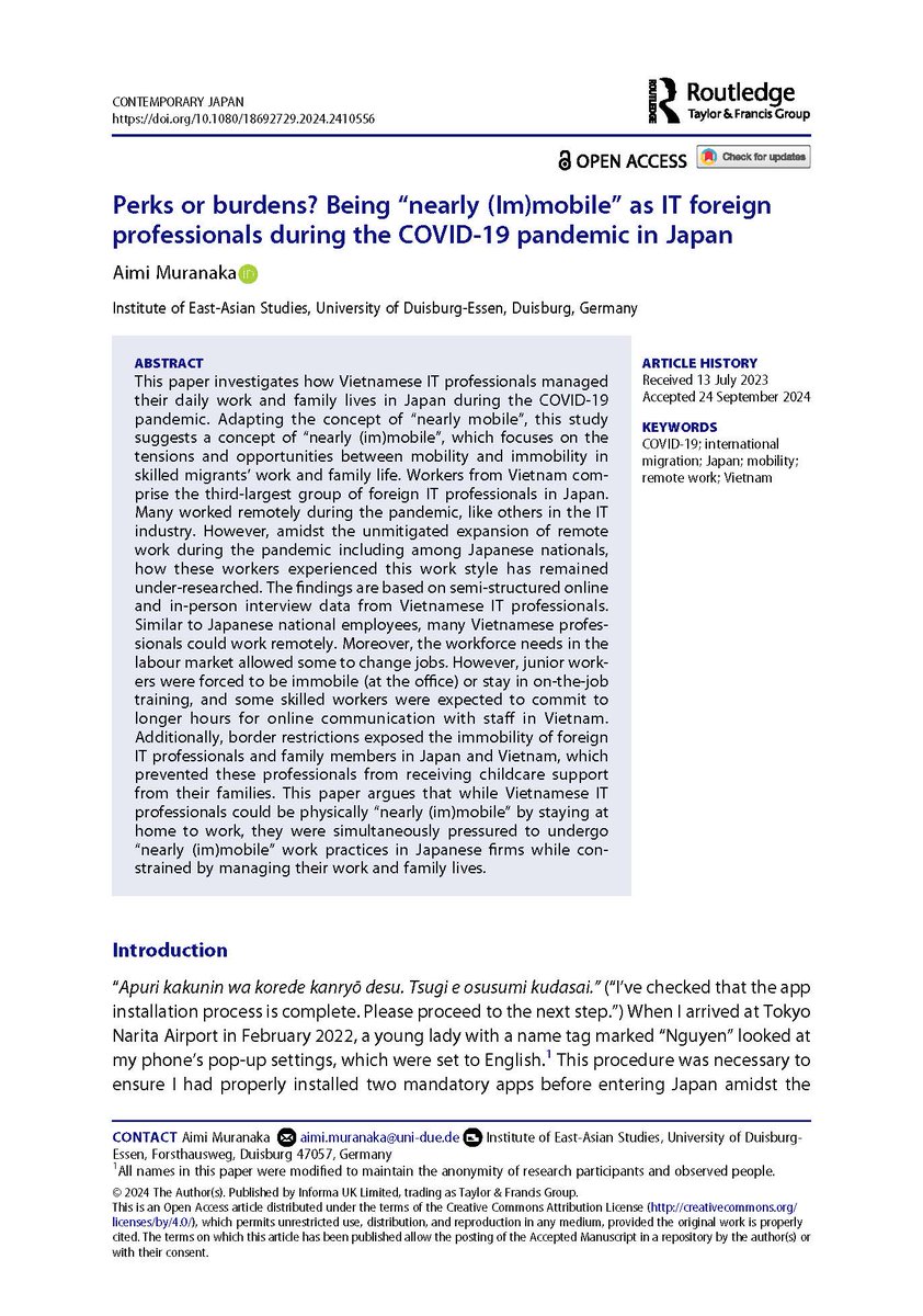 Contemporary Japan (@cj_jrnl) on Twitter photo #OpenAccess Aimi Muranaka <a href="/unidue/">Uni Duisburg-Essen @unidue.bsky.social</a> analyzes how Vietnamese IT professionals managed their daily work and family lives in Japan during the #COVID-19 pandemic, dealing with pressure to undergo "nearly (im)mobile" work practices <a href="/japansocsci/">Japan Social Science Research</a> <a href="/tandfjapan/">Taylor & Francis Group Japan</a> doi.org/10.1080/186927… #OpenAccess Aimi Muranaka <a href="/unidue/">Uni Duisburg-Essen @unidue.bsky.social</a> analyzes how Vietnamese IT professionals managed their daily work and family lives in Japan during the #COVID-19 pandemic, dealing with pressure to undergo "nearly (im)mobile" work practices <a href="/japansocsci/">Japan Social Science Research</a> <a href="/tandfjapan/">Taylor & Francis Group Japan</a> doi.org/10.1080/186927…