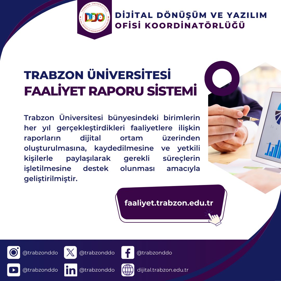Trabzon Üni. Dijital Dönüşüm ve Yazılım Ofisi (@trabzonddo) on Twitter photo Trabzon Üniversitesindeki birimlerin her yıl gerçekleştirdikleri faaliyetlere ilişkin raporları dijital ortam üzerinden kolayca oluşturabilmeleri için geliştirilen Faaliyet Raporu Sistemi'ne faaliyet.trabzon.edu.tr internet adresinden erişim sağlayabilirsiniz.<a href="/trabzonuniv/">Trabzon Üniversitesi</a> Trabzon Üniversitesindeki birimlerin her yıl gerçekleştirdikleri faaliyetlere ilişkin raporları dijital ortam üzerinden kolayca oluşturabilmeleri için geliştirilen Faaliyet Raporu Sistemi'ne faaliyet.trabzon.edu.tr internet adresinden erişim sağlayabilirsiniz.<a href="/trabzonuniv/">Trabzon Üniversitesi</a>