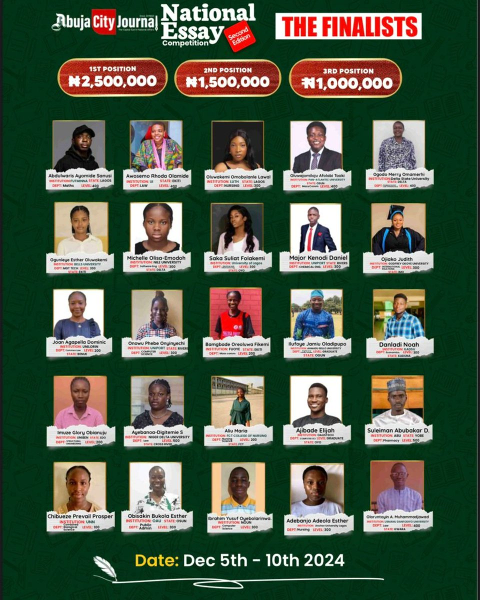 AbjCityJournals's tweet photo. 3 DAYS TO GO!
ACJ National Essay Competition (2nd edition)

WHO ARE YOU ROOTING FOR???😉 

#ACJEssay @PCNGInitiative
@FIRSNigeria #viral  

#Davidofunds  #NonsMiraj Brenda Fassie Fuji Garbage  Mr bayi 2face Funke Akindele Odumodu https://t.co/5qOw6QNIy4