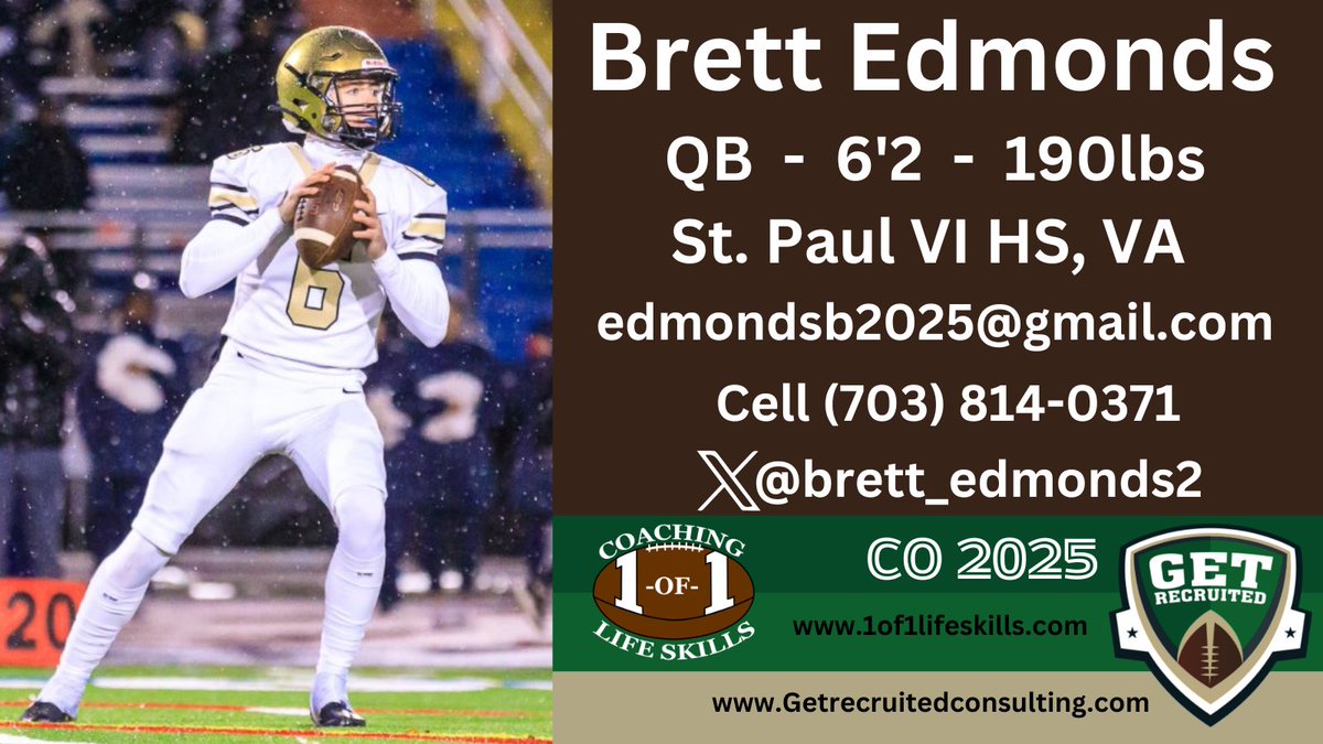 Get Recruited (@get__recruited) on Twitter photo Brett Edmonds - CO 2025 - QB - 6'2, 190lbs - 3.8 GPA - Athletic, strong arm, smart. St. Paul VI HS, VA. Profile: app.productiverecruit.com/profile/brett-… <a href="/brett_edmonds2/">Brett Edmonds QB 2025</a> <a href="/1of1lifeskills/">1-of-1 Consulting</a> <a href="/LRBearsFootball/">Lenoir-Rhyne Football</a> <a href="/CCSUFootball/">CCSU FOOTBALL</a> <a href="/DuqFB/">Duquesne Football</a> <a href="/LIUSharksFB/">LIU Football</a> <a href="/RMU_Football/">RMU Football</a> <a href="/Wagner_Football/">Wagner College Football</a> <a href="/RedFlashFB/">Saint Francis Football</a> <a href="/Get__Recruited/">Get Recruited</a> Brett Edmonds - CO 2025 - QB - 6'2, 190lbs - 3.8 GPA - Athletic, strong arm, smart. St. Paul VI HS, VA. Profile: app.productiverecruit.com/profile/brett-… <a href="/brett_edmonds2/">Brett Edmonds QB 2025</a> <a href="/1of1lifeskills/">1-of-1 Consulting</a> <a href="/LRBearsFootball/">Lenoir-Rhyne Football</a> <a href="/CCSUFootball/">CCSU FOOTBALL</a> <a href="/DuqFB/">Duquesne Football</a> <a href="/LIUSharksFB/">LIU Football</a> <a href="/RMU_Football/">RMU Football</a> <a href="/Wagner_Football/">Wagner College Football</a> <a href="/RedFlashFB/">Saint Francis Football</a> <a href="/Get__Recruited/">Get Recruited</a>