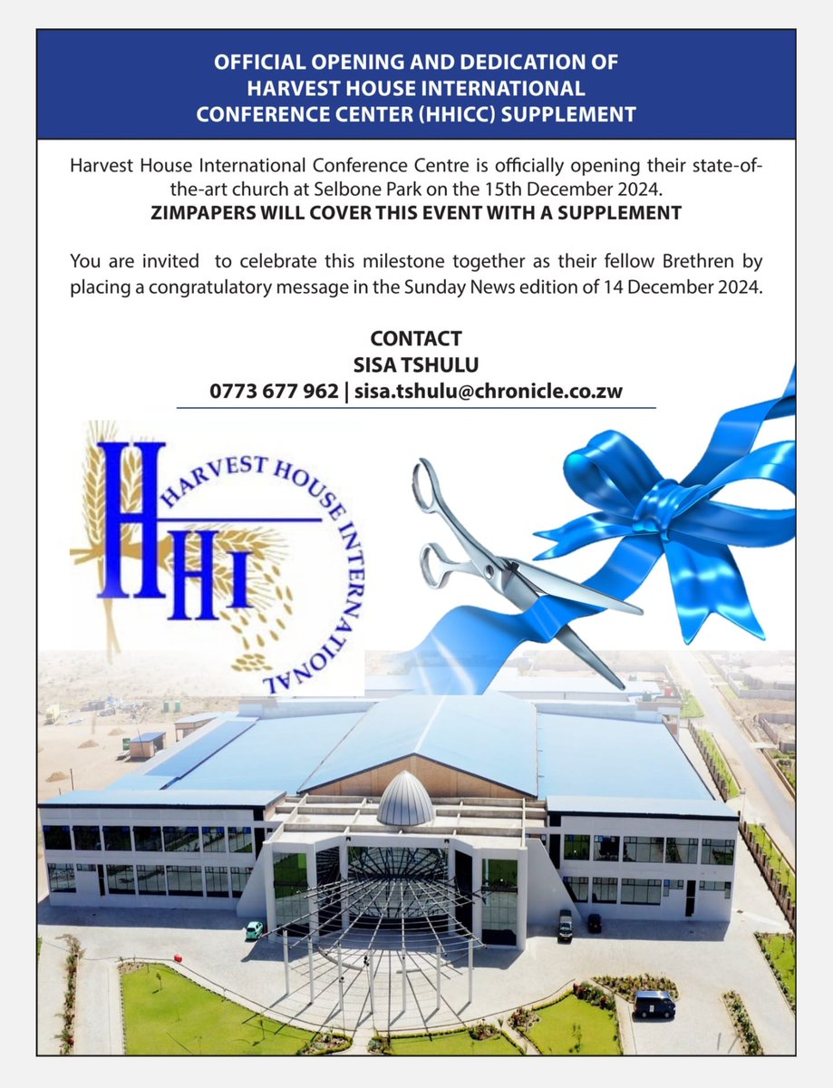 HarvestHouseIn's tweet photo. Harvest House International Conference Centre Official opening.
We  invite you to celebrate this milestone together by placing a congratulatory message in the Sunday news  edition of 14 December 2024.
#hhiapc2024 https://t.co/O61IfggddT