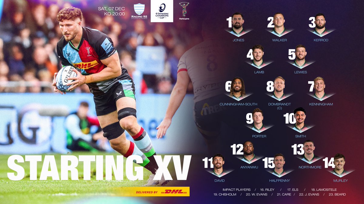 Harlequins's tweet photo. Your Starting XV for Racing 92 🏆

💯 Lamb set to earn his 100th cap
🔙 Smith and Cunningham-South return

📲 https://t.co/18fcocprXg

📦 Delivered by @DHLRugbyUK 

#COYQ #RACvHAR https://t.co/hLZnXQVIFU