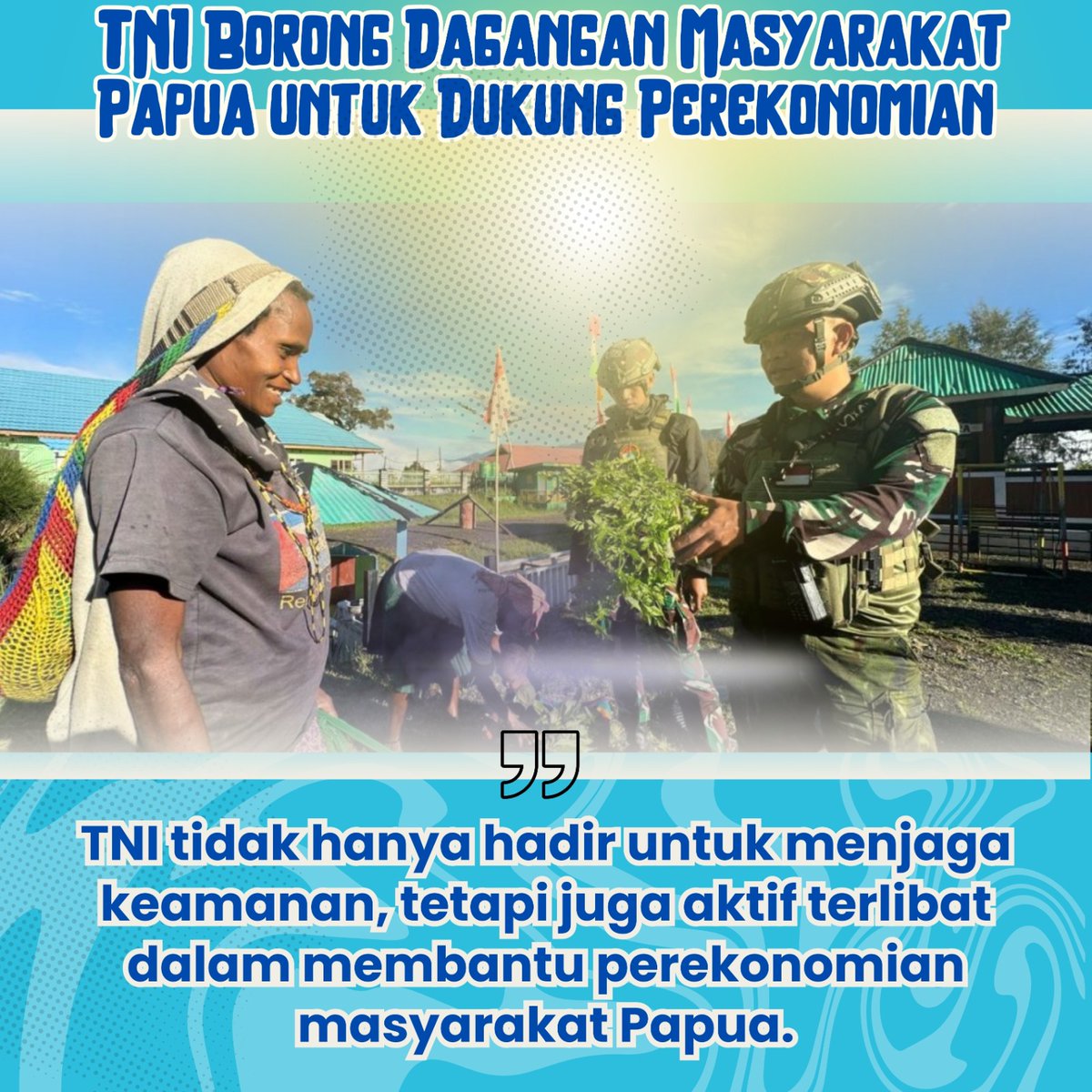 chleoouk's tweet photo. Kebersamaan TNI dengan masyarakat Papua semakin kuat, bukan hanya dalam menjaga keamanan, tetapi juga mendukung perekonomian daerah melalui solidaritas nyata.
#TNIPeduliPapua #PembangunanPapua #TNIHarmoniDIPapua #TNIUntukPapua https://t.co/v7UtiUFYvY