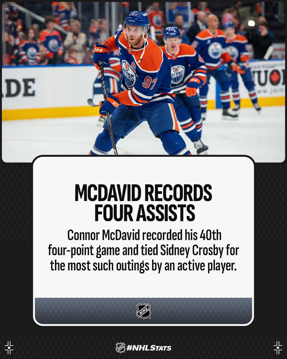 NHLPR's tweet photo. Connor McDavid became the fourth player in NHL history to record 120 assists in a calendar year (regular season &amp; playoffs) as part of a four-assist performance for the @EdmontonOilers.

#NHLStats: https://t.co/5kE6EfUI3m https://t.co/tC8YvkogYH