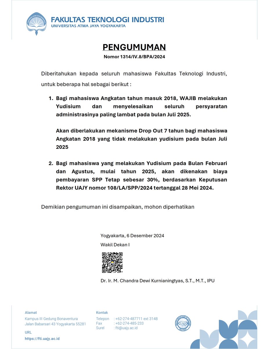 kuliah_ftiuajy's tweet image. #PENGUMUMAN : Berikut kami sampaikan Pengumuman terkait Yudisium utk seluruh mahasiswa FTI, untuk diperhatikan.