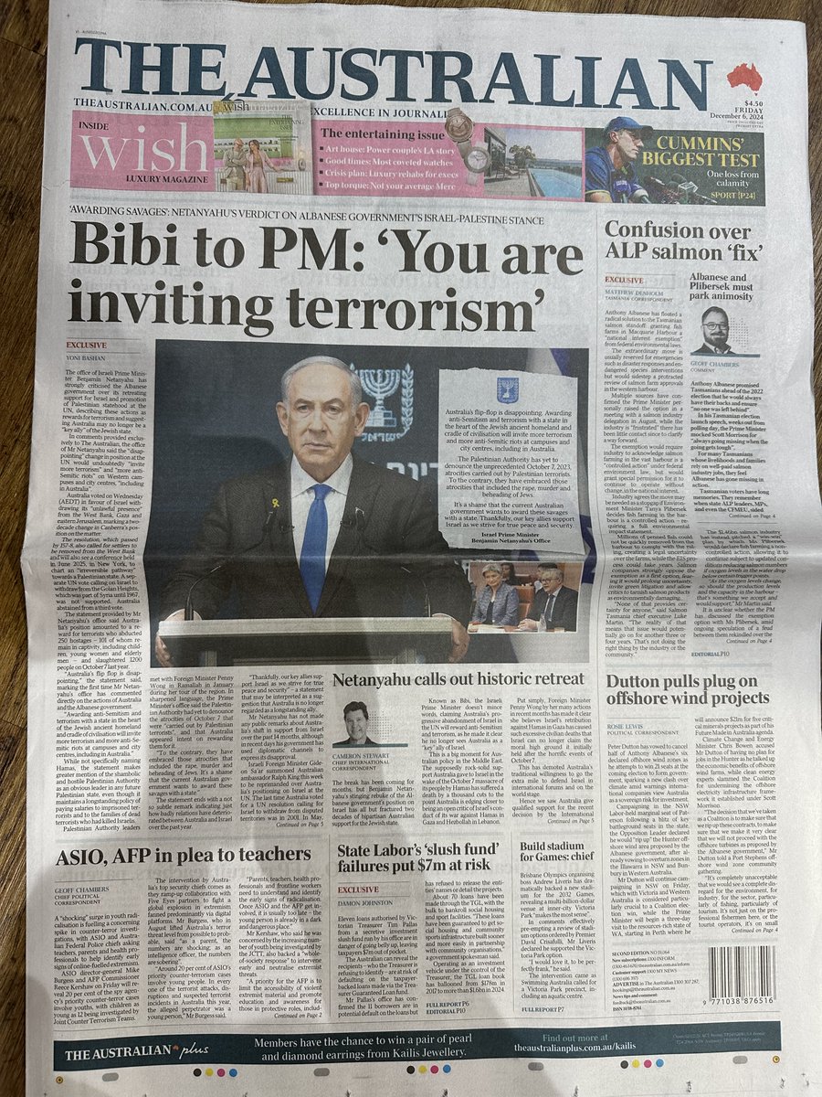 antloewenstein's tweet photo. This is "journalism", Murdoch style.
The Israeli PM Netanyahu is wanted by the International Criminal Court for alleged war crimes and crimes against humanity in Gaza. 
The Australian government has made some minor changes to its voting record at the UN. It's welcome but comes after 14 months of incredibly weak "concern" over Israeli actions in Gaza and Lebanon.
Murdoch's Australian newspaper goes to Netanyahu and asks for a statement, knowing full well it will damn the Australian government and accuse it of inciting anti-Semitism et al. All nonsense, of course. 
I have no sympathy for PM Albanese and his government but this isn't journalism. It's dishonest and a complete creation of the outlet. It's also possibly concocted by elements of the extremist pro-Israel lobby or Opposition.
Asking a man accused of war crimes for comment is certainly one way to run a newspaper. 🫤