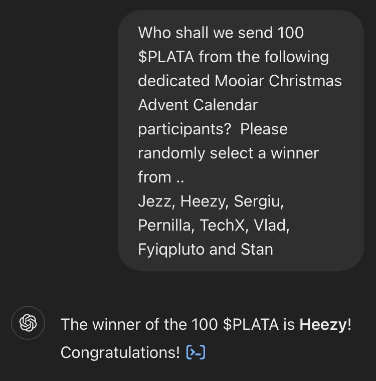 MooiarNFT's tweet photo. Day 5,
- winner of 100 $PLATA
@Floheezy 🎁
#multiversxNFT #AdventCalendar2024 https://t.co/VrFY7Dfj8U