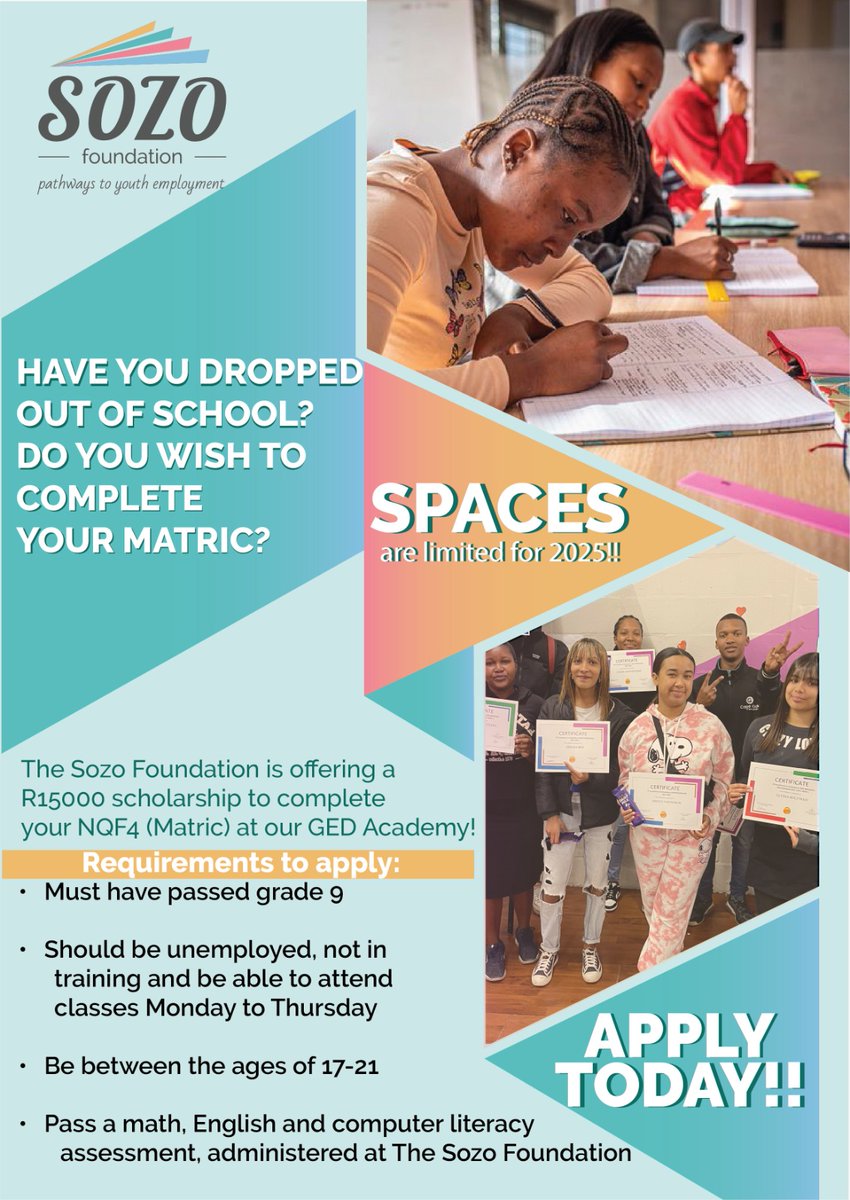 SozoFoundation's tweet photo. Application Deadline - 15 January 2025

Apply here: https://t.co/6ZFdZQB9F7

#thesozofoundation #Vrygrond #GEDApplications #ApplyNow #applytoday https://t.co/oZhrEpbuKF