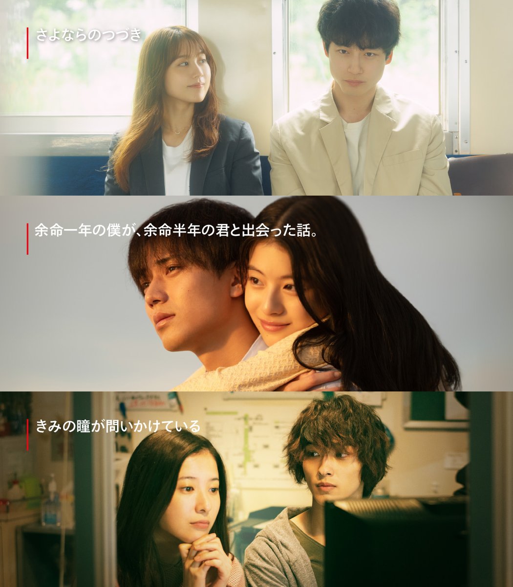 NetflixJP's tweet photo. 切なすぎて涙が止まらなくなる美しい物語。あなたの心に残っている忘れられないラブストーリーはどれ？

◆さよならのつづき
◆余命一年の僕が、余命半年の君と出会った話。
◆きみの瞳が問いかけている
◆余命10年
◆桜のような僕の恋人
◆私の頭の中の消しゴム https://t.co/PUKuCQdT1Q