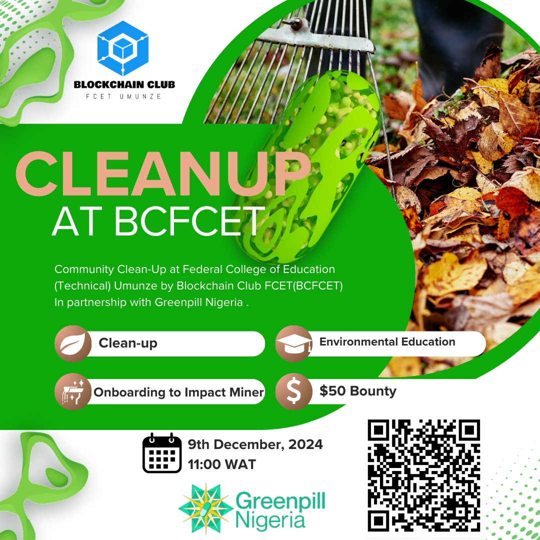 bc_fcet's tweet photo. Join @bc_fcet and @GreenpillNaija for a Community Clean-Up at Federal College of Education, Umunze!

This initiative aims to create a cleaner, greener campus while showcasing the power of blockchain technology for environmental impact leveraging @Atlantis_p2p Impact Miner
#impact https://t.co/bi3RnMqoSg