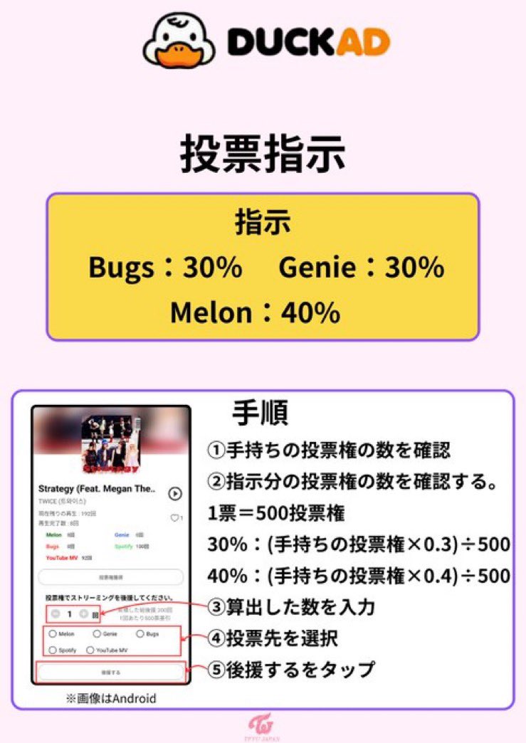 TFVUnion_Japan's tweet photo. 📢 [ DUCKAD APP ]

拡散をお願いします！！

下記の割合でSTRATEGYにすべて投入してください‼️

30% BUGS
30% GENIE
40% MELON

必ず投票権を補充してください🤝

YouTube
🔗  https://t.co/x0hOSYKe5m 

Stationhead
🔗 https://t.co/JyKMaWMw8j

Comeback Guide
🔗 https://t.co/ZriNr5YCwe 

#TWICE #STRATEGY @JYPETWICE
