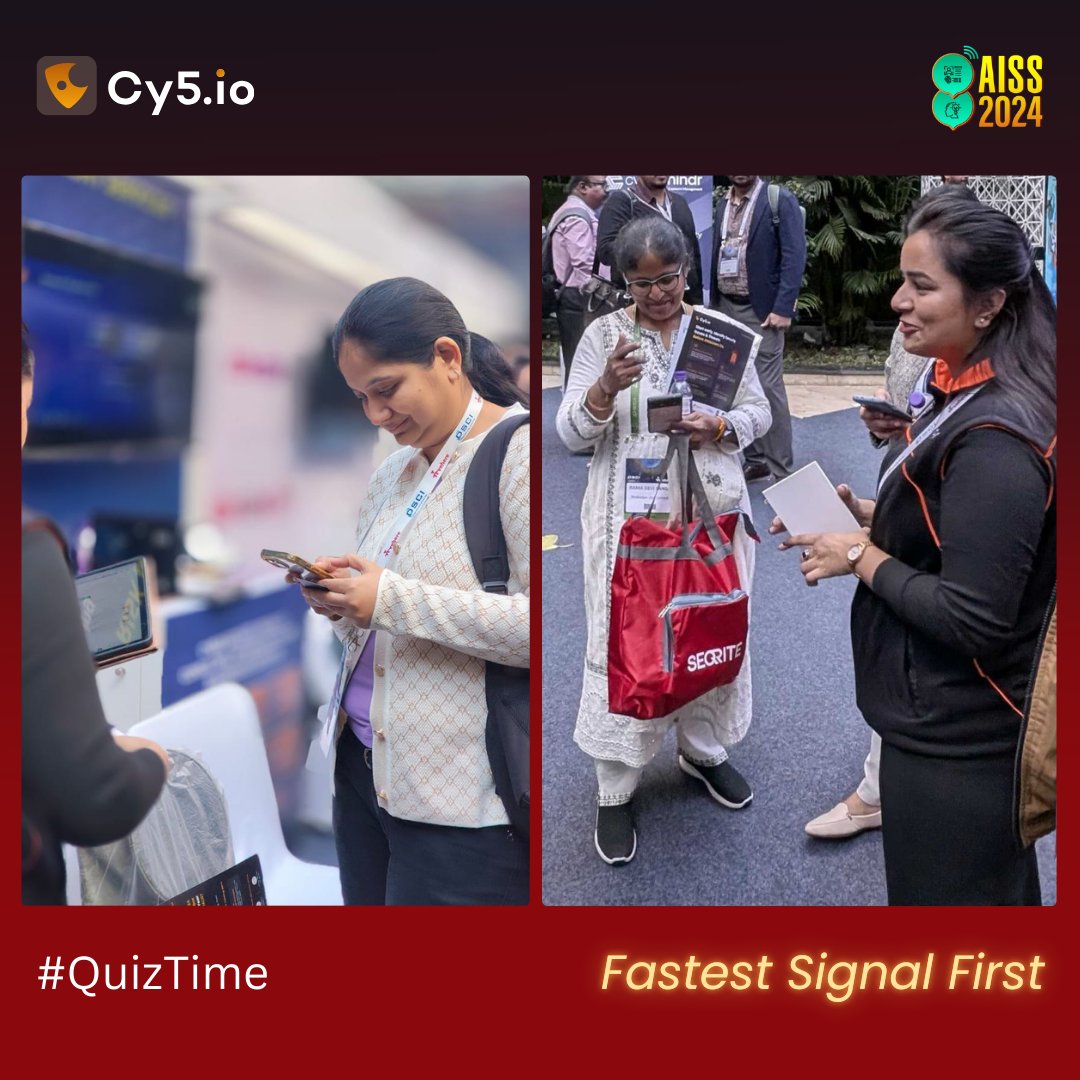 Cy5_io's tweet photo. Our quiz is in full swing! Check out these candid moments of attendees putting their IQ to the test at #AISS2024. Can you beat their scores? The clock is ticking ⏳

See you at #Booth #26

#AISS #CISO #Cybersecurity #Clousecurity #infosec #Cy5Secure #Cy5 #DSCI #Event https://t.co/xRtIYRurTr