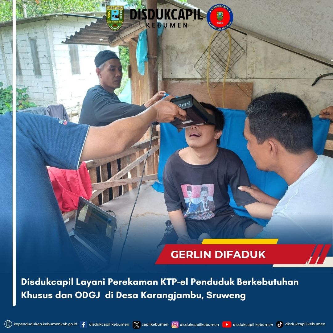 CapilKebumen's tweet photo. Disdukcapil Layani Perekaman KTP-el Penduduk Berkebutuhan Khusus dan ODGJ di Desa Karangjambu, Sruweng
#DukcapilGoDigital
#DukcapilMelayaniMasyarakat
#DukcapilBISA
#DukcapilPRIMA
#DisdukcapilKebumen
#Kebumen
#GISA
#BISA
Sumber : https://t.co/u8G9A4e4t6 https://t.co/Ecwg9D06M4