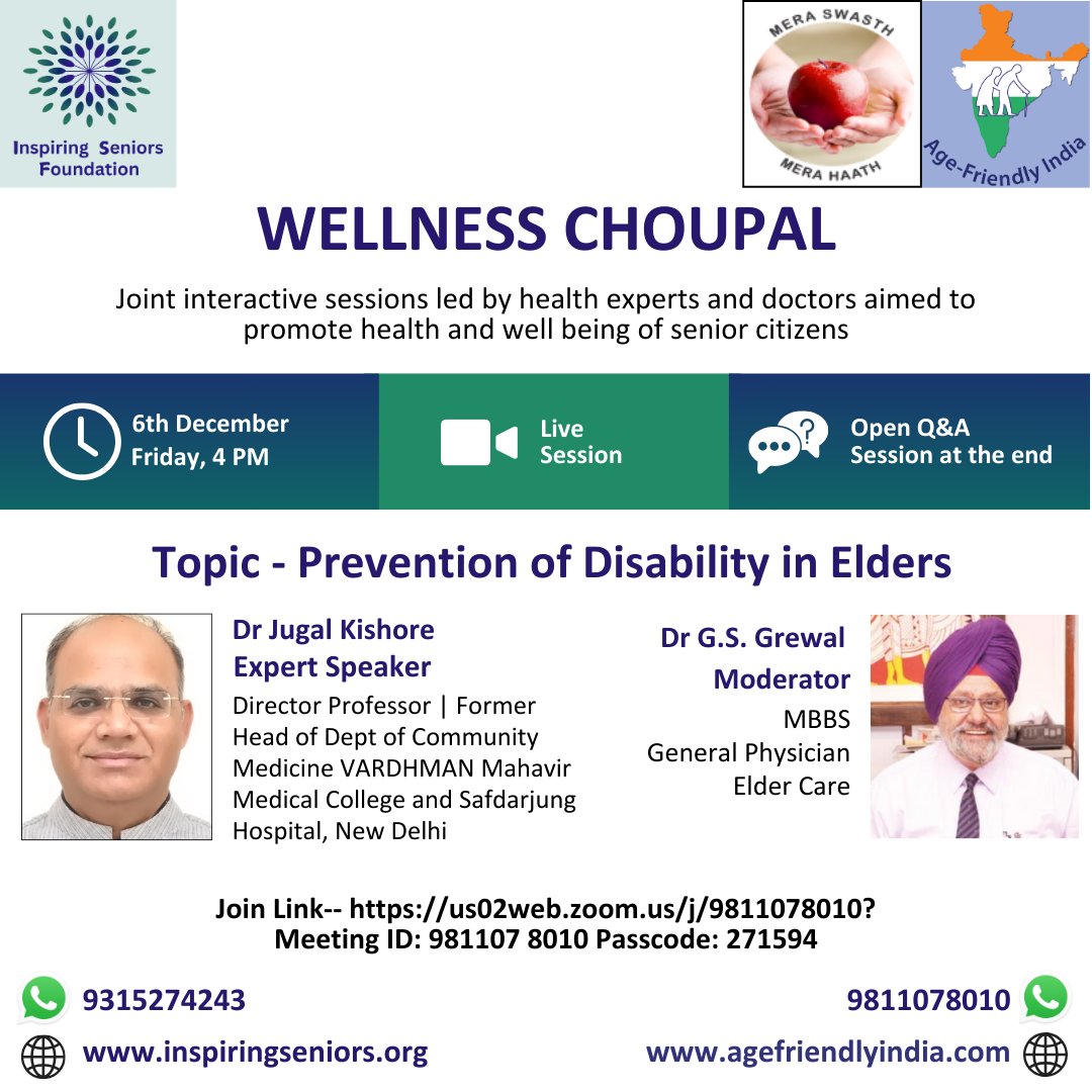 ISF2024's tweet photo. 🌟 Wellness Choupal Invitation 🌟
🗓️ Dec 6 | ⏰ 4 PM
🎯 Topic: "Prevention of Disability in Elders"

Join us to explore proactive health measures, lifestyle tips, &amp; the Rights of Persons with Disabilities Act, 2016 for elder care.

#WellnessChoupal #ActiveAging #Disability https://t.co/mRVXj2gq0g