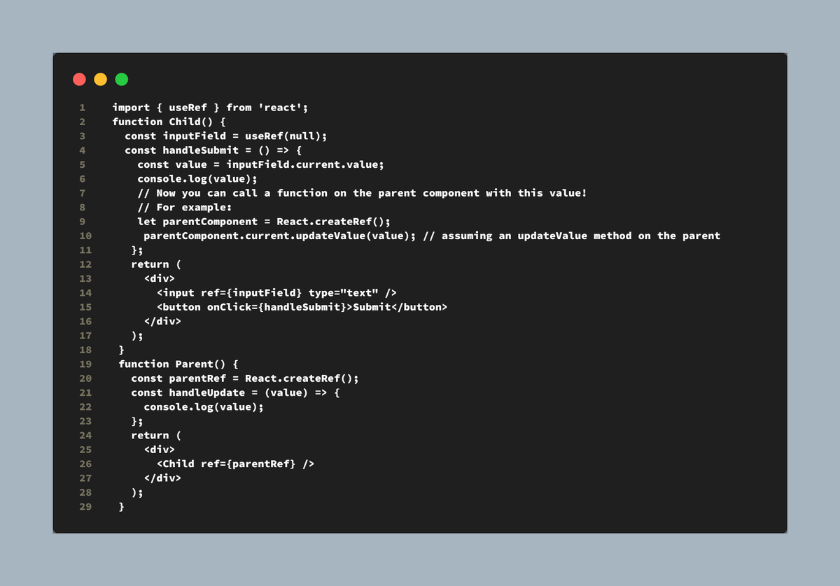i_amrrs's tweet photo. Did you know you can use `useRef` to pass data from child components to parents in React? Here's an example:

#React #ComponentCommunication #UseRef #ParentChildRelationship #WebDevelopment #FrontendDevelopment #JavaScript #ReactComponents #ReactHooks #Programming https://t.co/9XJqoPivlm