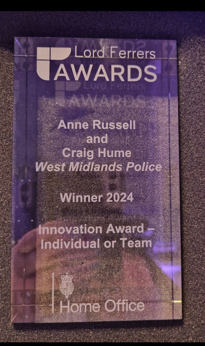 AnneInspector's tweet photo. Yesterday , myself and S/Sgt Craig Hume attended the Lord Ferrers Award event in London, where we had been shortlisted for an award
for our work on Homicide. I feel so proud to say that we won the award for Innovation
Meeting the home secretary sharing our experiences. https://t.co/BJGXBJeNUp
