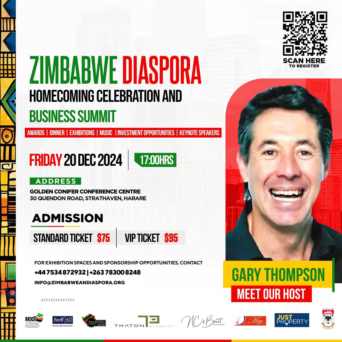 We are thrilled to announce that the incredible Gary Thompson will be hosting the highly anticipated Zimbabwe Diaspora Homecoming Celebration &amp; Business Summit!

🎟️ Secure your tickets @ buytickets.at/zido/1432509
