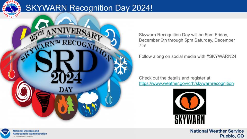 NWSPueblo's tweet photo. Skywarn Recognition Day begins this evening at 00 UTC! Skywarn spotters across the United States are welcomed to join in! Register/check-in at https://t.co/cNtULtlGCl #cowx #SKYWARN24 https://t.co/UWpTh5ymK9