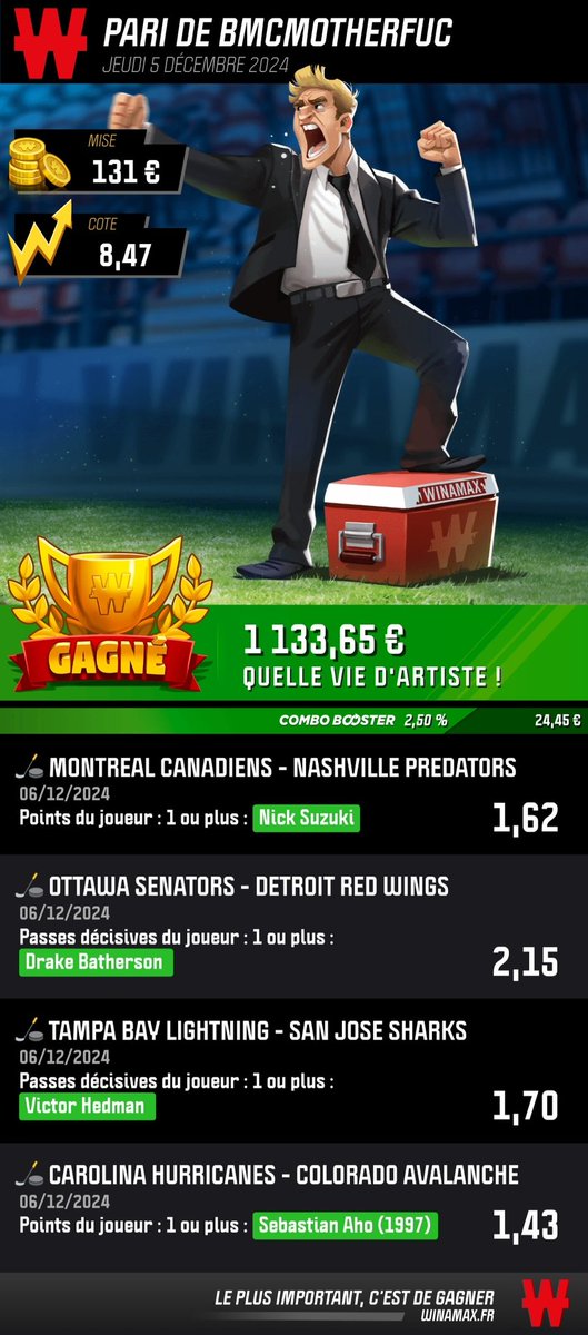 EASY MONEY EASY LIFE MERCI  #LeSmicOuRien  #Teamparieur #Teamparieurs #ParionsSport #NHL #NHLPicks