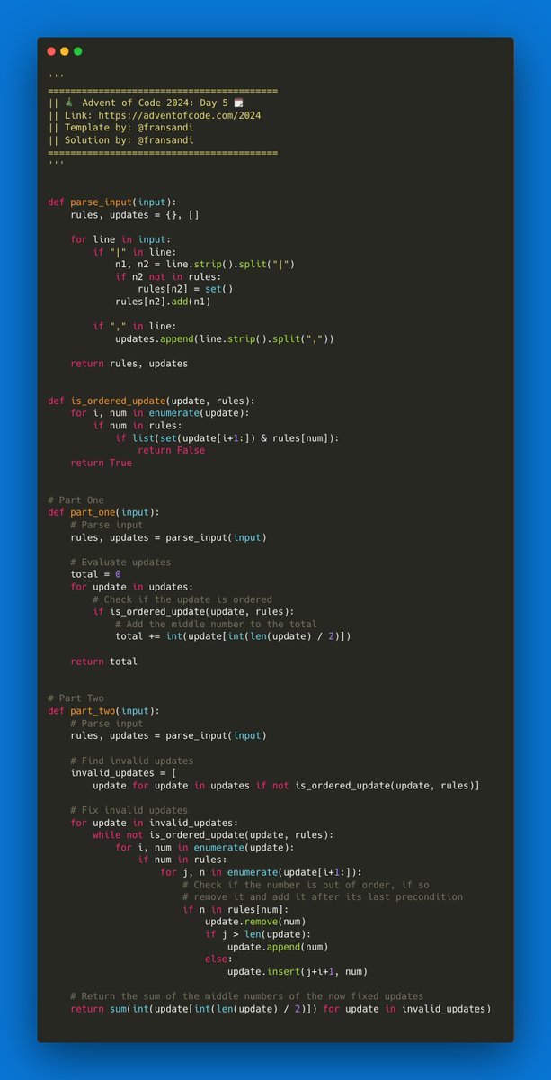 fransandi7's tweet photo. I just completed "Print Queue" - Day 5 - Advent of Code 2024 https://t.co/g69p8ffn3W #AdventOfCode https://t.co/vZFpbCd7zS