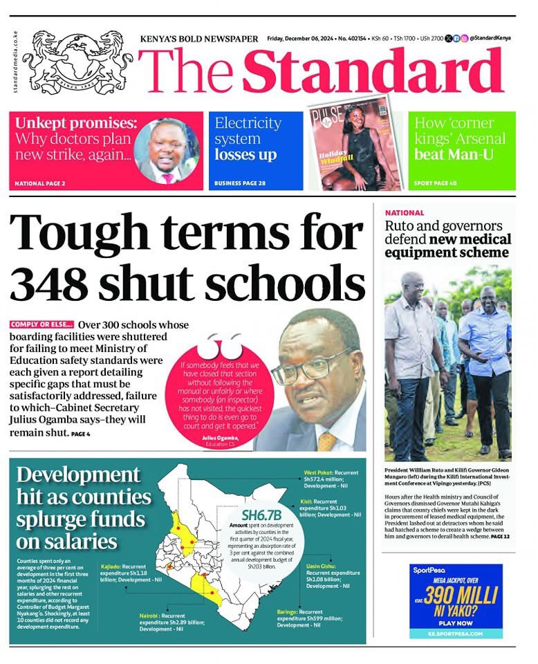 BenardMzalendo's tweet photo. NEWSPAPER REVIEW
FRIDAY, 6TH DEC, 2024 THREAD

1/1 DAILY NATION
-SHA deals: Ruto fights back as queries mount. Health Ministry and Council of Governors say tendering process was 'transparent'.
-Ruto maintains counties were not forced to sign the multi-billion shilling deal(Pg4&amp;5) https://t.co/TyDxm8e8gZ