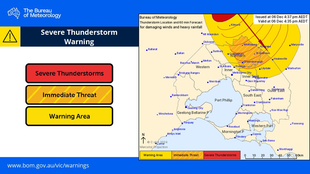 BOM_Vic's tweet photo. ⚠️Issued at 4:37pm⚠️
A severe thunderstorm likely to produce damaging winds and heavy rainfall has been detected.
It's forecast to affect #Greensborough, #Hurstbridge, #MillPark, #Whittlesea, #YarraGlen and the area west of Whittlesea by 5:35 pm.
Warning: https://t.co/F1FlPfL51q https://t.co/s0lv9tVoi8
